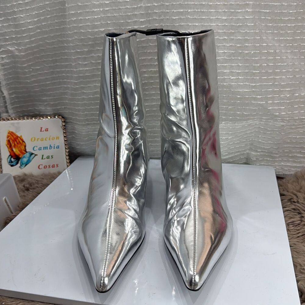 (W2) Zara NWT silver metallic leather ankle boots, size 39/8US - Picture 2 of 16